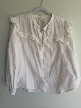H&M Linen Cotton Blend White Ruffle Shirt Coastal Grandmothers Cottagecore chic